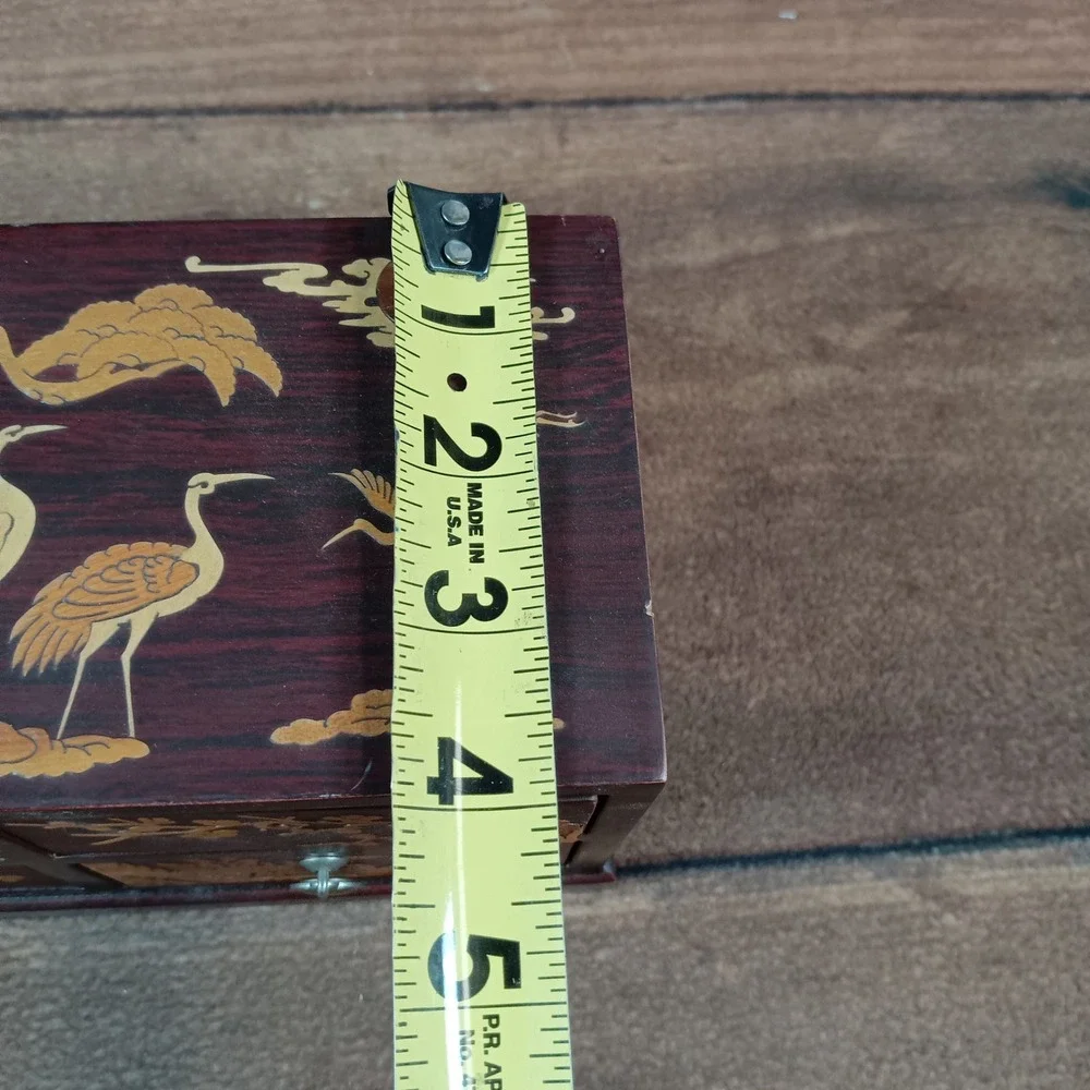 VTG MCM Asian Cherry Wood Carved Birds Abalone Shell Jewelry Box